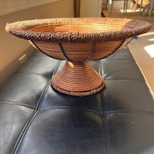 Vintage Rattan Pedestal Fruit Basket, Woven Footed Bowl
